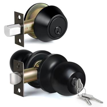 Imagem de BESTTEN Maçaneta de porta externa com chave semelhante com fechadura e fecho, todas as chaves iguais, maçanetas de porta de entrada preto fosco com trava e chaves para entrada e porta da frente