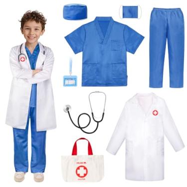 Imagem de Meland Fantasia de médico para crianças - uniforme médico com jaleco de laboratório e bolsa de transporte, vestido de médico para o Halloween, dramatização do dia da carreira (azul, 9 a 10 anos), Azul