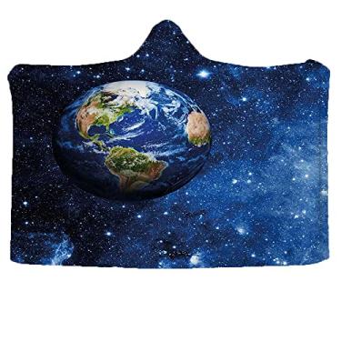 Imagem de Cobertor com capuz infantil espacial, vista externa do planeta Terra no sistema solar com imagem temática vida no globo de estrelas, capa de viagem para a família da escola, sofá 152 x C 127 cm azul