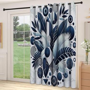 Imagem de Divisória de parede de cortina de divisória azul marinho, folhas exóticas e formas geométricas impressão de arte abstrata moderna intrincada, cortinas largas isoladas/cortinas de quarto (painel