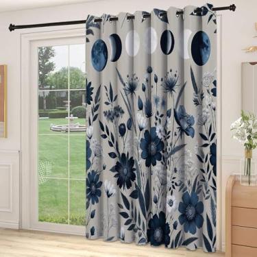 Imagem de Divisória de parede de cortina de divisória azul marinho, estilo vintage, flores silvestres, primavera, noite, arranjos florais e fases da lua, para quarto, jardim de infância, sala de estar, L 250 x