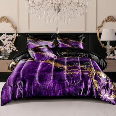 Imagem de Conjunto de edredom de cetim roxo, King, pedra de mármore, roxo, decoração de quarto, arte abstrata, seda como seda, em uma bolsa com edredom e lençóis