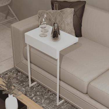 Imagem de Mesa de Apoio Lateral Sofá Suporte Notebook Aço Madeira Canto Leitura Cabeceira Sala Branca Pliar