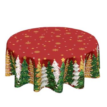 Imagem de Sweetshow Toalha de mesa de inverno dourada de floco de neve redonda árvore de Natal vermelha 152 cm decoração lavável resistente a manchas e rugas capa de mesa redonda para jantar e piquenique
