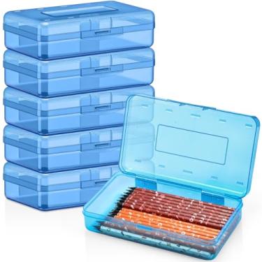 Imagem de Blulu Pacote com 6 caixas de lápis de plástico a granel, estojo transparente para canetas, armazenamento de giz de cera rígido com tampa fecho de pressão, organizador de marcadores de pintura, grande