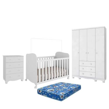 Imagem de Dormitório Infantil Júnior 4 Portas, Cômoda e Berço Uli com Colchão Baby Physical - Móveis Peroba