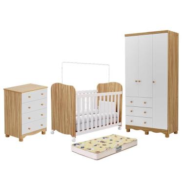 Imagem de Dormitório Infantil Júnior 3 Portas, Cômoda e Berço Uli com Colchão Supreme - Móveis Peroba