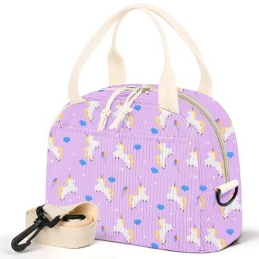 Imagem de WOBAGMEN Lancheira para mulheres, lancheira fofa de veludo cotelê isolado com alça de ombro para mulheres adultas para piquenique de trabalho (unicórnio)