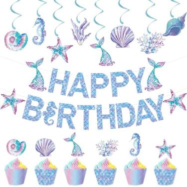 Imagem de Banners de festa de aniversário com tema de sereia, banners de feliz aniversário sob o mar, decorações de festa de cavalo marinho para meninas, meninos, crianças, casa, sala de aula, chá de bebê.