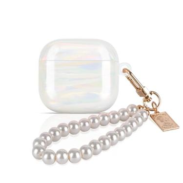 Imagem de CameCosy Capa compatível com Airpods 4 Geração 2024 com chaveiro de pulseira de pérolas, capa protetora com design de pérola colorida brilhante para meninas, capa em TPU à prova de choque