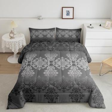 Imagem de Feelyou Conjunto de edredom floral damasco vintage cinza oriental jacquard damasco, para decoração de quarto de mulheres e meninas, gótico, boêmia, floral, luxuoso, para todas as estações