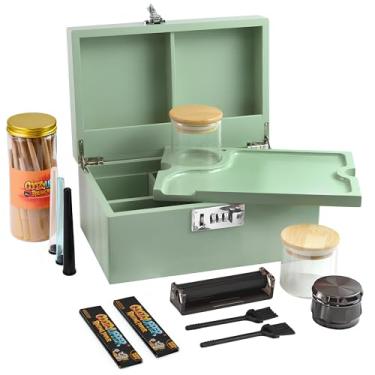 Imagem de Coozyupper Caixa de armazenamento de bambu grande com kit de bandeja removível - conjunto de caixa decorativa, frascos de vidro e acessórios kit de armazenamento de madeira e ferramentas de acessórios