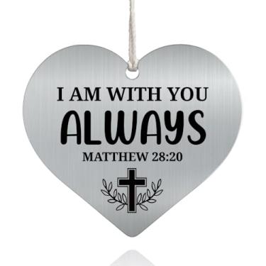 Imagem de XQLZY Amuleto de carro com espelho retrovisor de aço inoxidável amor "I Am with You", Mateus 28:20 versículo da Bíblia espelho retrovisor para carro, enfeite de pendurar em memorial, presentes