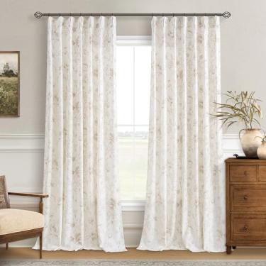 Imagem de Cortinas de linho floral bege bege plissado para sala de estar e jantar 246 cm de comprimento, 2 painéis, estampa de flor de café, aba traseira, semitransparente, rústico, drapeado rústico para quarto