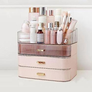 Imagem de Caixa de armazenamento de maquiagem, organizador de maquiagem empilhável de 4 camadas para penteadeira, organizador de mesa de grande capacidade com gavetas para cosméticos, batons, joias, cuidados