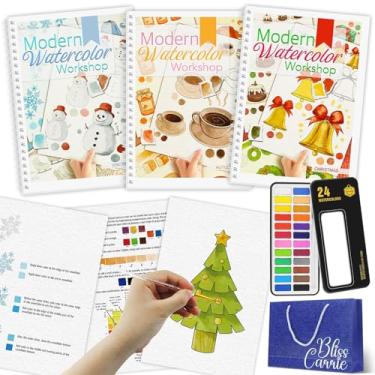 Imagem de 3 peças de aquarela livro de pintura para iniciantes, 36 páginas, livros de exercícios com 24 cores de tinta e pincel para iniciantes, presente para aliviar o estresse para mulheres e adultos (inverno