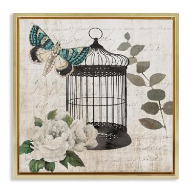 Imagem de Stupell Industries Design de arte de parede em tela flutuante dourada com borboleta vintage Menagerie por Nan, 63 x 63 cm