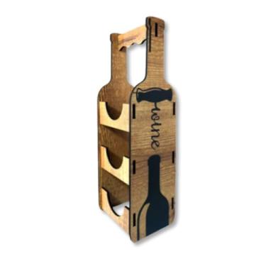 Imagem de Adega Decorativa Rústica para 3 Garrafas com Alça – Estilo Garrafa 50x16x14,6cm | Suporte de Vinho Compacto para Bancadas, Salas e Cantinhos Gourmet