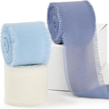 Imagem de Fita de chiffon azul e marfim 3,8 cm x 3 rolos total 21 metros fita de tecido chiffon de seda feita à mão para embrulho de presente convite de casamento, buquê de flores de noiva, artesanato faça você