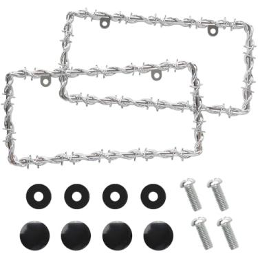 Imagem de Moldura de placa de licença de design de arame farpado com parafusos, molduras de placa de licença personalizadas para carros, caminhões, prata