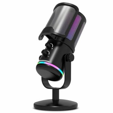 Imagem de HeyFiFan Microfone USB para jogos para PC PS4/5 – Microfone condensador com mudo rápido, indicador RGB, suporte de mesa, filtro pop, controle de ganho para streaming de vídeos Discord Twitch Podcasts