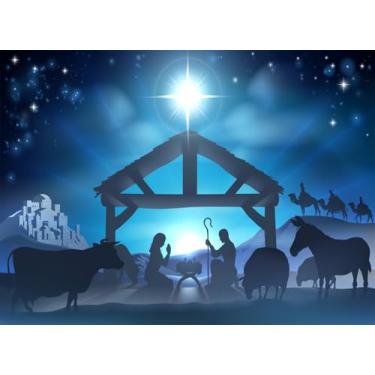 Imagem de Fmarui Cenário de presépio com estrela de Belém - 3 x 2,4 m, estábulo de manjedoura, três sábios, fundo para cabine de fotos de Natal, decorações religiosas, adereços para eventos familiares cristãos