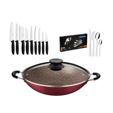 Imagem de Kit - Panela Wok 6L 36 Cm Vermelho + 1 Conjunto Facas 9pç + 1 Faqueiro