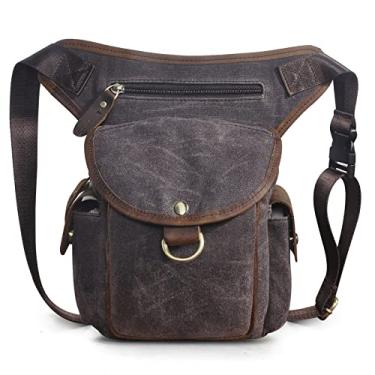 Imagem de Le'aokuu Bolsa masculina de lona e couro genuíno à prova d'água bolsa de ombro para motocicleta tática cinto de pochete bolsa de cintura bolsa de perna de gota 9938, 0 café escuro, masculino