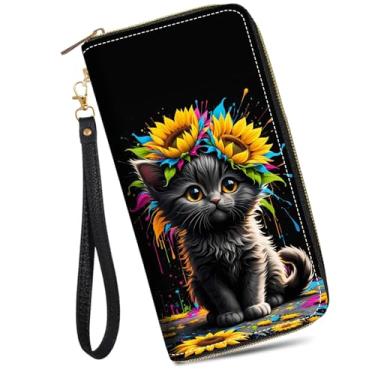Imagem de JDHJFBFJNP Carteira feminina de grande capacidade de couro PU com zíper bolsa clutch para dinheiro/cartão/moeda/smartphone, Lindo gato preto, One Zipper Wallet