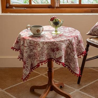 Imagem de Wuluwala Toalha de mesa quadrada pequena vintage bordada floral com acabamento de pompom toalha de mesa de linho de algodão rústico para casamento, chá de bebê, decoração de casa, 128 x 129 cm