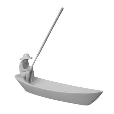 Imagem de Porta-Incenso Decorativo em Barco com Pescador, 22 cm, Design Zen. (cinza claro)