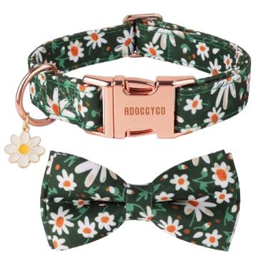 Imagem de ADOGGYGO Coleiras florais para cães com laço, gravata borboleta de flor branca destacável, fivela de metal, coleiras florais verdes ajustáveis para cães extragrandes meninos meninas (GG)