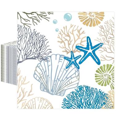 Imagem de 50 guardanapos de concha do oceano 33 x 33 centímetros, guardanapos de papel de praia costeira descartáveis guardanapos de festa de almoço guardanapos de coquetel para verão aniversário chá de bebê