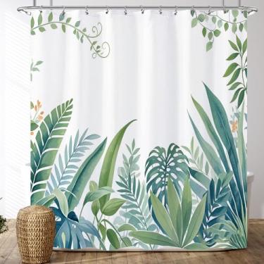 Imagem de Opeoddie Conjunto de cortina de chuveiro com folhas verdes de palmeira tropical, boho, selva, monstera, planta botânica, decoração para banheiro, natureza, moderna, acessórios de decoração de banho