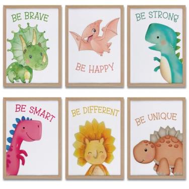 Imagem de Dfzhlnb Conjunto de 6 pôsteres de arte de parede de dinossauro, decoração de quarto de criança, decoração de quarto de dinossauro para meninos e crianças, sala de jogos de sala de aula, decoração de