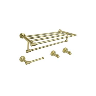 Imagem de Suporte para toalhas de parede em aço inoxidável dourado escovado, suporte para papel higiênico, gancho para roupão, porta-copos, escova de vaso sanitário, acessórios para banheiro, conjunto de 4 peç