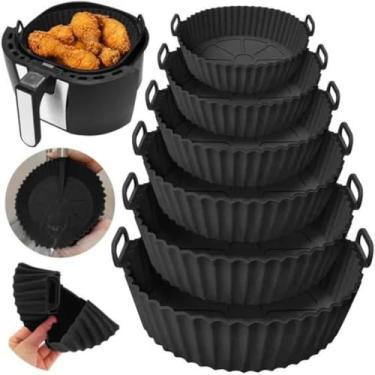 Imagem de Kit Com 6 Formas De Silicone + Pincel ou Espatula Culinario Para Air Fryer Reutilizável Cesta Redonda Fritadeira Eletrica Universal Para Todos Os Modelos Antiaderente Com Alça Para Forno E Microondas