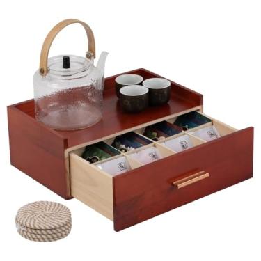 Imagem de Organizadores de chá e caixa de armazenamento organizador de estação de chá para bancada com 4 porta-copos de tecido de algodão de madeira de pinheiro organizador de saquinho de chá com gaveta suporte