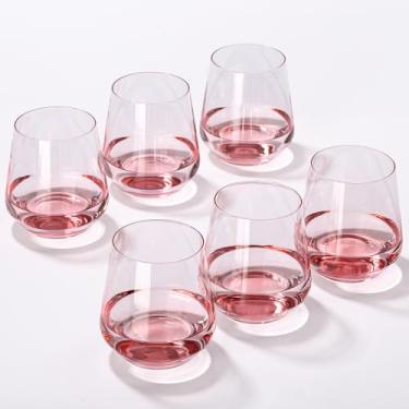 Imagem de JOVGANK Conjunto de 6 taças de vinho sem haste - copos de vinho curtos rosa soprados à mão - 500 ml, [vidro de cristal sem chumbo] Copo de vinho espumante grande, presente exclusivo para aniversário