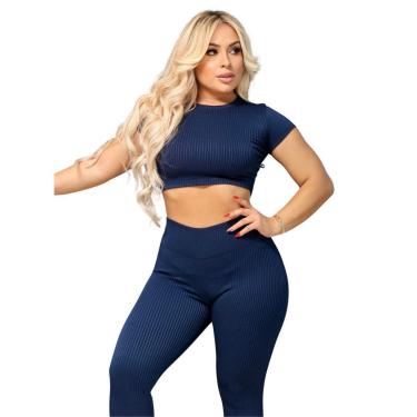 Imagem de Conjunto Legging e Cropd Manguinha FMF Canelado Poliéster Moda Fitness Academia-Feminino