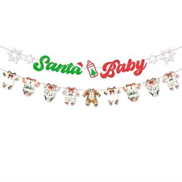 Imagem de Conjunto de faixa de chá de bebê de Natal, texto de glitter de bebê de Papai Noel com guirlanda de macacão, decoração temática natalina vermelha e verde