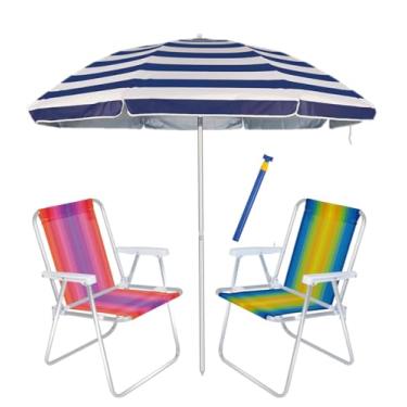 Imagem de Kit Praia 2 Cadeira Alta Alumínio + Guarda Sol 2m Alum + Saca Areia Pressão - Mor (Azul listrado)