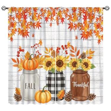 Imagem de Cortinas para plantas de outono, folhas de bordo de outono, dia de Ação de Graças, girassóis, abóbora, vaso, decoração de varão, tratamentos de janela para casa de fazenda, restaurante, quarto, sala