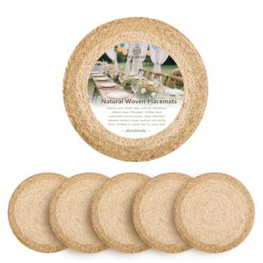 Imagem de Jogo americano redondo de 33 cm de tecido, conjunto de 6, tapetes de vime natural, jogo americano trançado de juta boho para uso ao ar livre, tapetes de mesa de vime, carregadores para pratos de