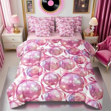 Imagem de Manfei Conjunto de edredom casal com bola de vaqueira discoteca, lindo laço feminino, decoração de princesa sonhadora brilhante para crianças de todas as estações, roxo e rosa (elástico + lençol + 2