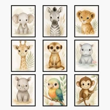 Imagem de Conjunto de 9 decoração de parede de berçário safári, arte de parede infantil, arte de parede em tela infantil, imagens de animais de safári, estampas de animais selvagens, decoração de quarto de bebê