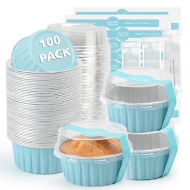 Imagem de Ruckae 100 peças de mini formas redondas para assar com tampas, mini formas de bolo com tampas, copos descartáveis de ramequins de alumínio para festa de aniversário, casamentos (azul claro, 142 g)