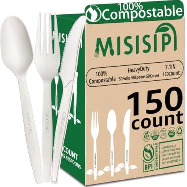 Imagem de MISISIPI 100% compostáveis garfos colheres facas Conjunto talheres talheres pratas resistentes ecológicos biodegradáveis descartáveis sem plástico garfos colheres facas para lounge Churrasco festa