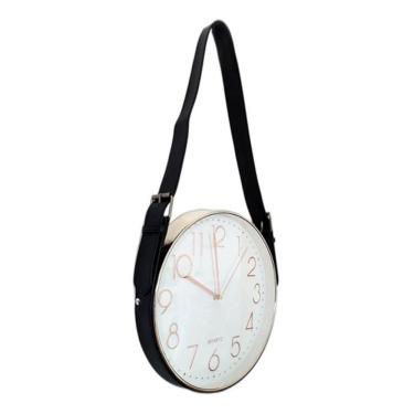 Imagem de Relógio De Parede Alça De Couro Preto Moldura Prata 30 Cm