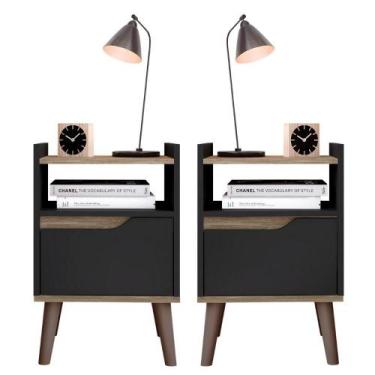 Imagem de Kit 2 Mesa de Cabeceira Gabriela Pés Retrô 1 gaveta - Preto/Canela - L